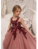 Maroon Lace Applique Tulle Corset V Back Floor Length Flower Girl Dress